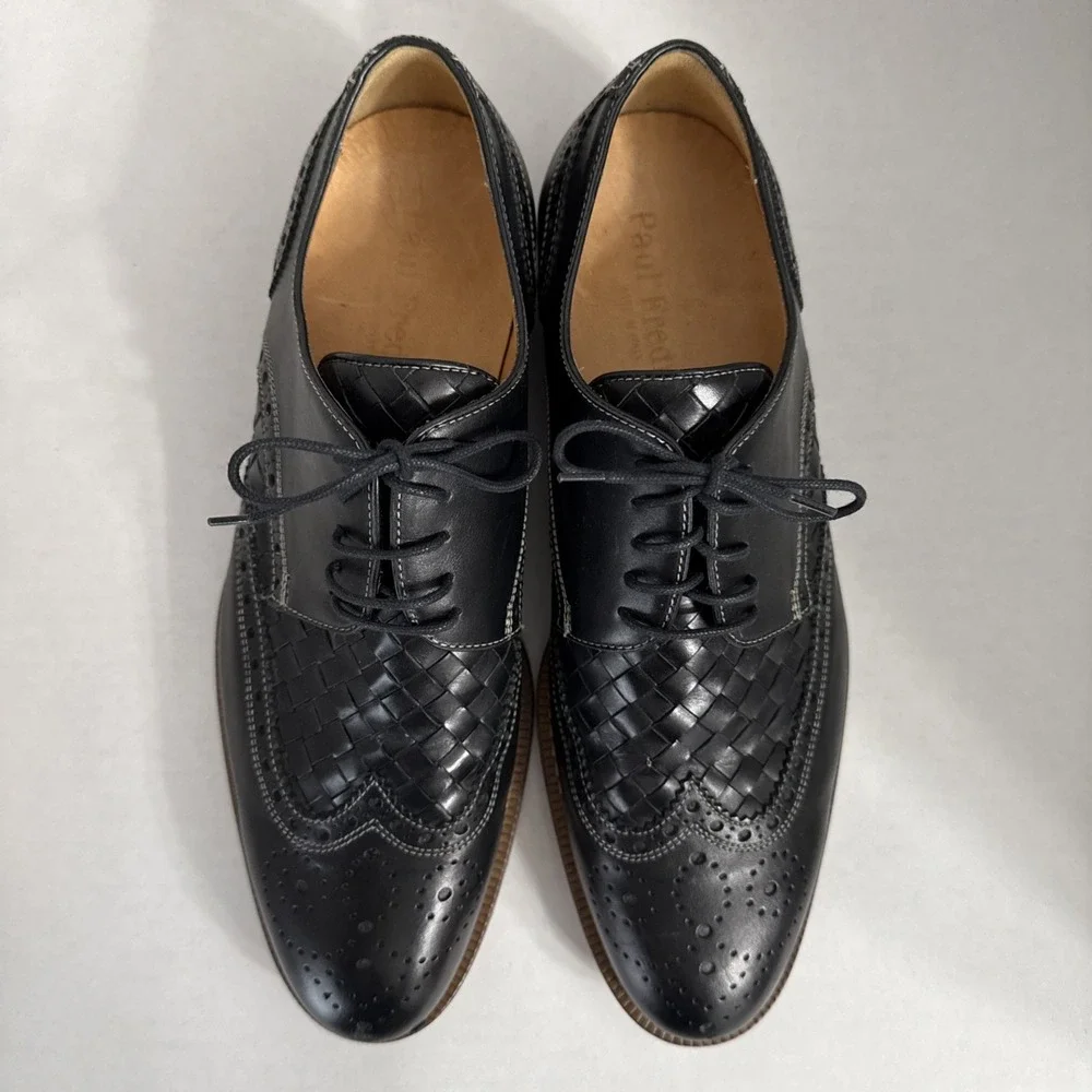 Paul Frederick Men's Wing Tip Black Leather Shoes Size 9.5 M Made in Italy Weave